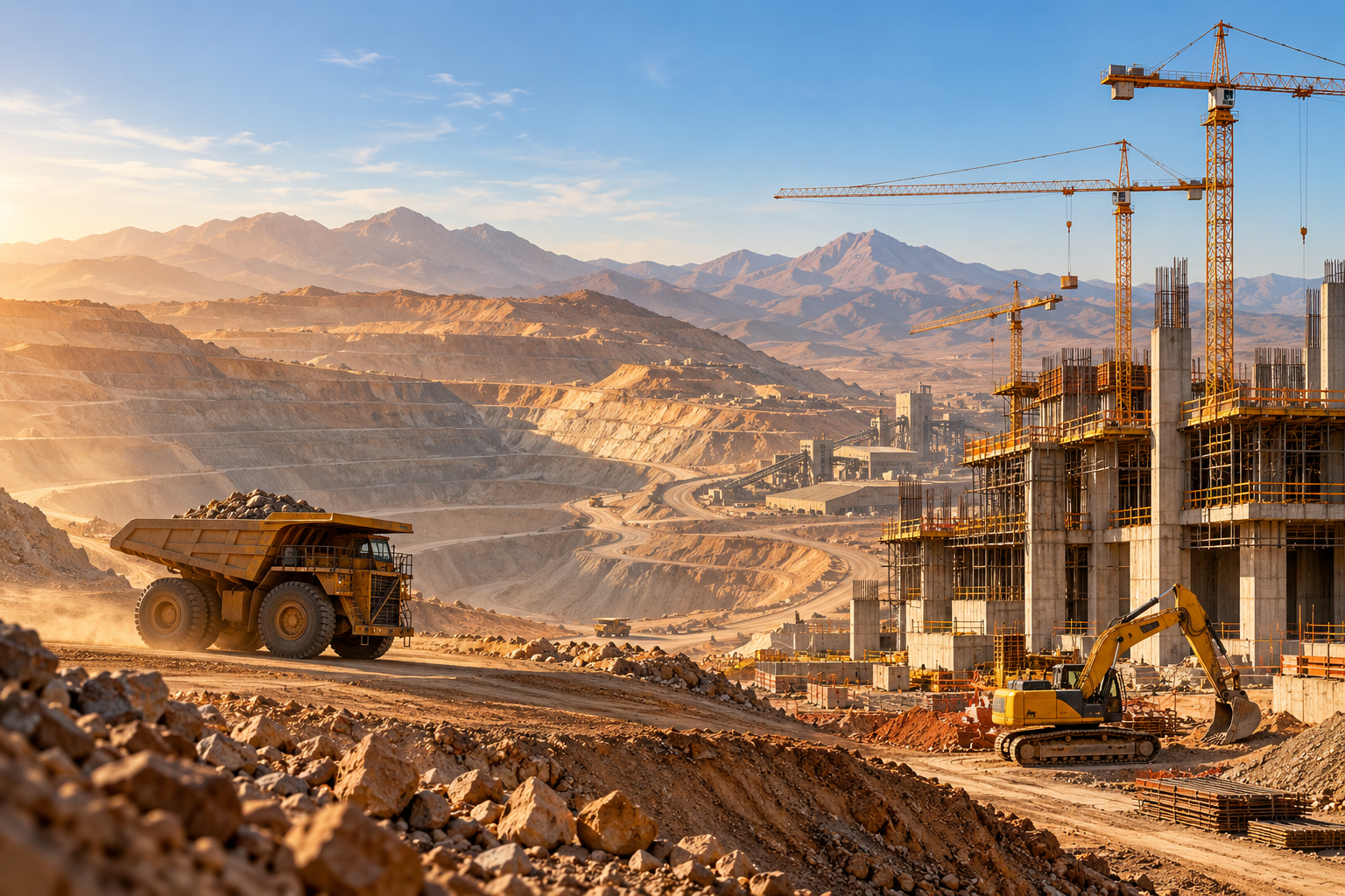 Ilustración referencial de minería a cielo abierto y obras de construcción